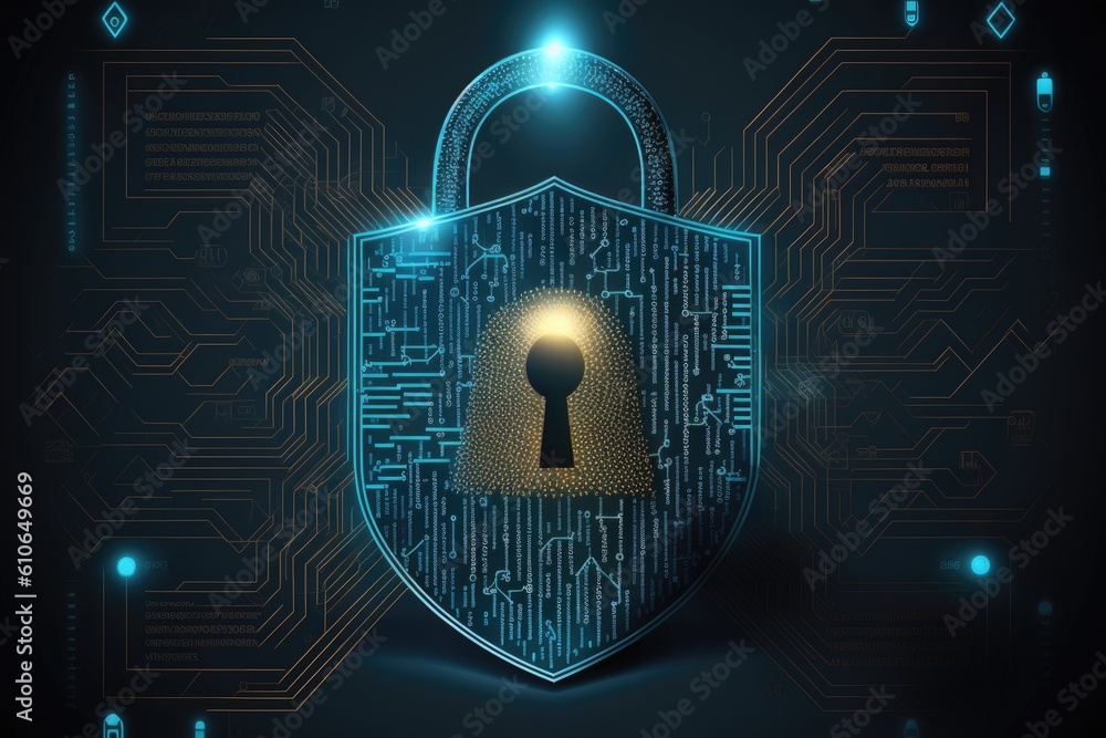 Poster cyber security concept with padlock and circuit board