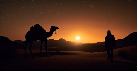 Silhouette of man and his camel on sand desert