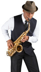 American jazz saxophonist in hat playing on gold saxophone