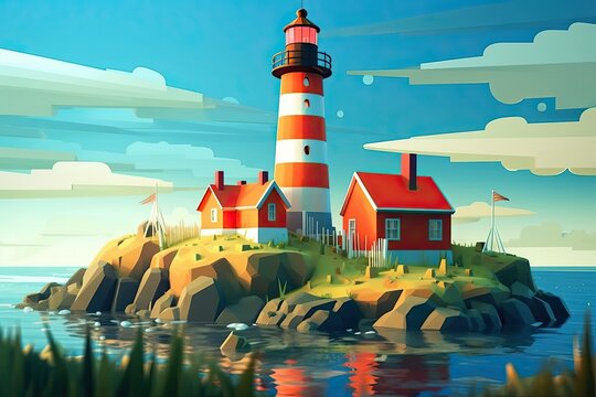 Illustration of a lighthouse on the coast, done in an animation art style. Generative AI