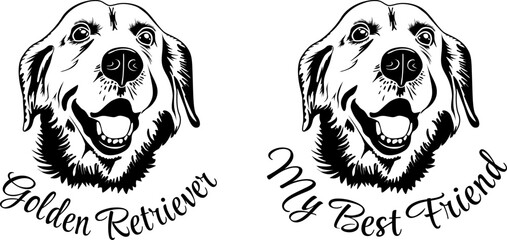 Golden Retriever Dog Breed. Set of Black and White Vector  Illustration of Head of Labrador with text caption - My best friend, Golden Retriever