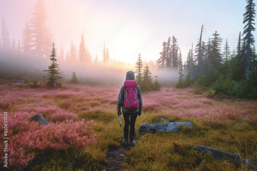 Poster a person with a backpack walking through a field. generative ai image.