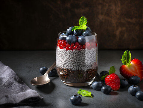 Chia pudding topped with strawberries, blueberries and cranberries in a glass on dark background. Chia dessert made of youghurt, chia seeds and fresh berries. Heatlhy breakfast concept. Generative AI