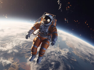 Spaceman and planet, human in space concept