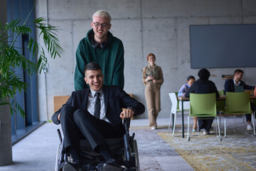 A young entrepreneur and his colleague, who is a person with a disability, fun together through a large, modern office, demonstrating the power of teamwork, inclusivity, and determination as they