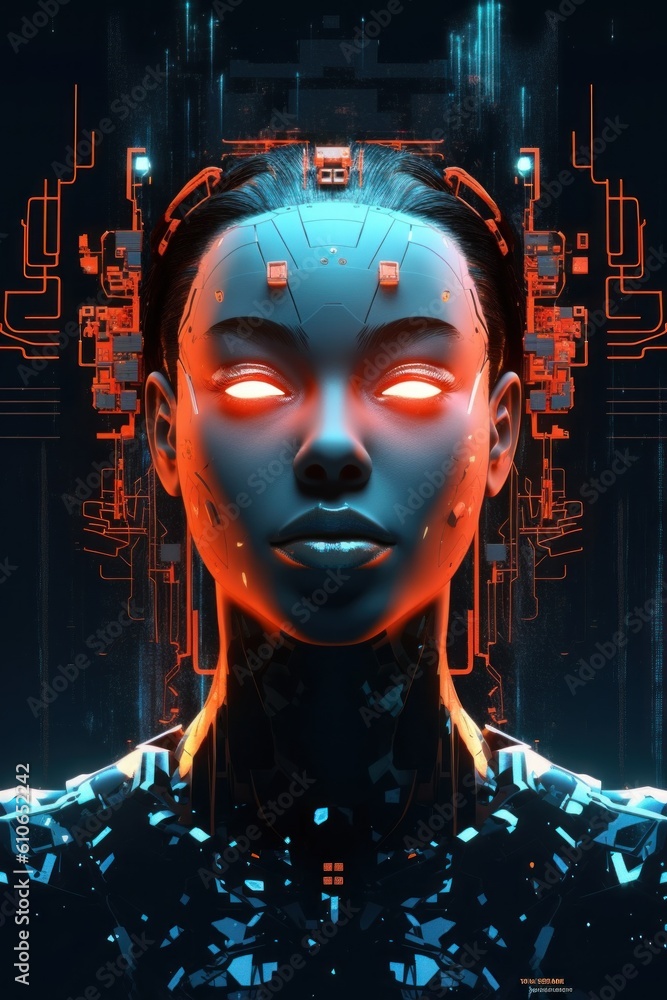 Poster a woman with glowing eyes in front of a circuit. generative ai image.