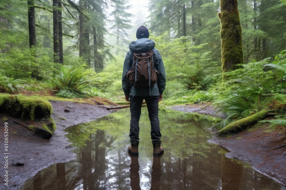 Poster a man with a backpack standing in a puddle of water. generative ai image.