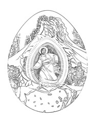 The Jesus Christ's resurrection. Easter egg in vintage style. Religious illustration to color black and white