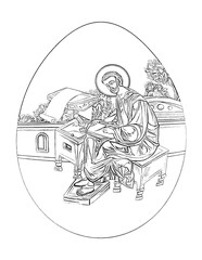 Image of Saint (Name Luke the Evangelist physician). Easter egg in vintage style. Religious illustration to color black and white