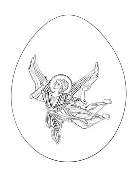 Easter egg with Archangel. Religious illustration to color black and white