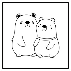 Couple Polar Bear Coloring Book Page Cartoon Ilustration
