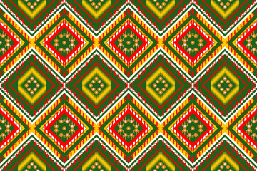 Geometric ethnic oriental pattern traditional Design green red yellow white for background,carpet,wallpaper,clothing,wrapping,Batik,fabric,Vector embroidery style.