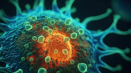 Obraz premium Closeup virus cells. Microbiology concept. Disease germ or pathogen organism. Background for medicine and science. Generative AI. Illustration for banner, poster, cover, brochure or presentation.