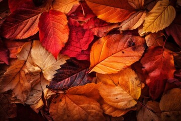 Obraz premium Autumn leaves background in warm tones of orange and red. Generative ai