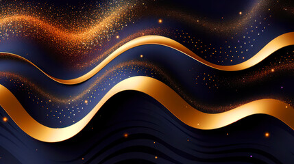 Abstract golden wave with sparkles on black background. Ai generative.