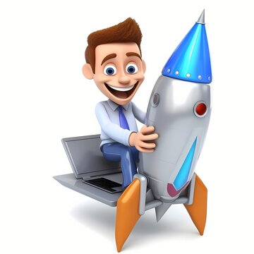 Start-up business success concept, 3d cartoon character cute businessman using a laptop computer and driving a rocket to reach the destination, isolate on white background, created with Generative AI 