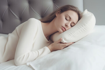 mulher dormindo relaxando em travesseiro confortável  - obrazy, fototapety, plakaty
