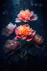 Wet beautiful peonies close-up. Flowers underwater. Unusual and magical, unreal. Macro. Water drops. Screensaver wallpaper and background. Dark pastel flowers. Blue, pink and red. Ai Generative