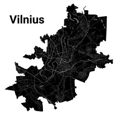 Vilnius city map, detailed administrative borders municipal black and white map, Lithuania. River Neris and Vilnia, roads and railway. - obrazy, fototapety, plakaty