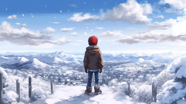 Anime boy in winter clothes standing on a snowy hill