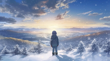 Naklejka na ściany i meble Anime boy in winter clothes standing on a snowy hill
