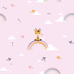 cute cartoon giraffe sitting on the rainbow seamless pattern for nursery kids room wall. Cartoon doodle animal characters. Cute baby girl giraffe vector