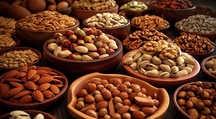 various types of nuts on the counter, created with Generative AI technology
