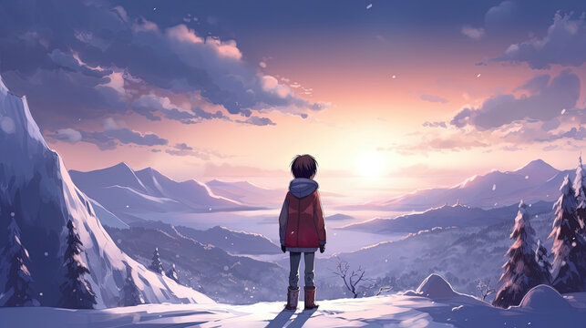 Anime boy in winter clothes standing on a snowy hill