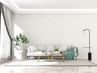 Fototapeta na wymiar Interior living room with sofa and decorations. Scandinavian design. 3D render