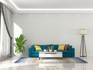 Interior living room with sofa and decorations. Scandinavian design. 3D render
