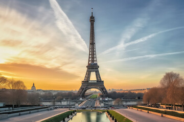 Paris Eiffel Tower and Trocadero garden at sunset in Paris, France. Eiffel Tower is one of the most famous landmarks of Paris., toned
