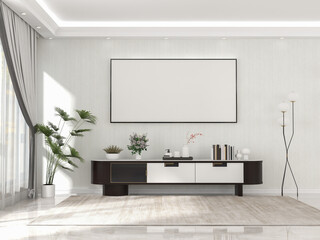 living room interior with wooden sideboard and mock up frame 3D rendering
