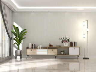 living room interior with wooden sideboard 3D rendering