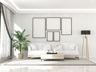 Obraz na płótnie Canvas Interior living room with sofa and mock up poster frame. Scandinavian design. 3D render
