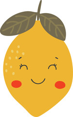 Cute fruit vector, Fruit with face, Happy lemon vector, Summer fruit with eyes, Kids funny illustration