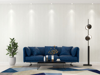Interior living room with sofa and decorations. Scandinavian design. 3D render