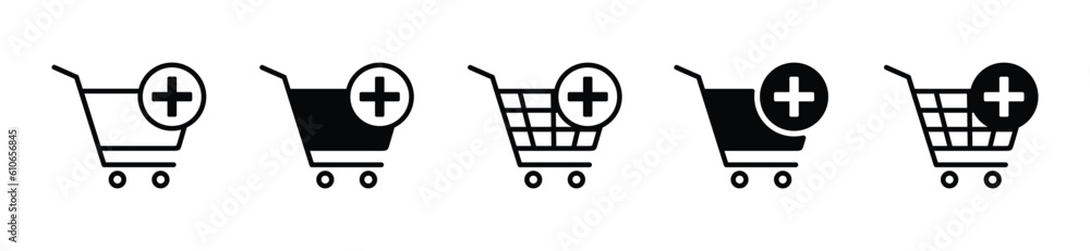Aufkleber add to cart icon. online shop shopping cart icon with plus sign symbol on white background with edit