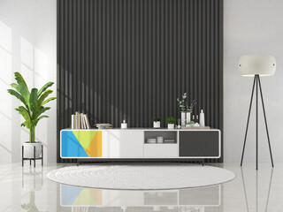 living room interior with wooden sideboard 3D rendering