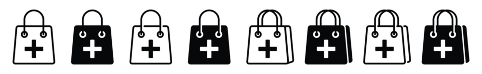 Add to bag icon. Online shop shopping bag icon with plus sign symbol on white background with editable stroke for apps and websites. Vector illustration EPS 10