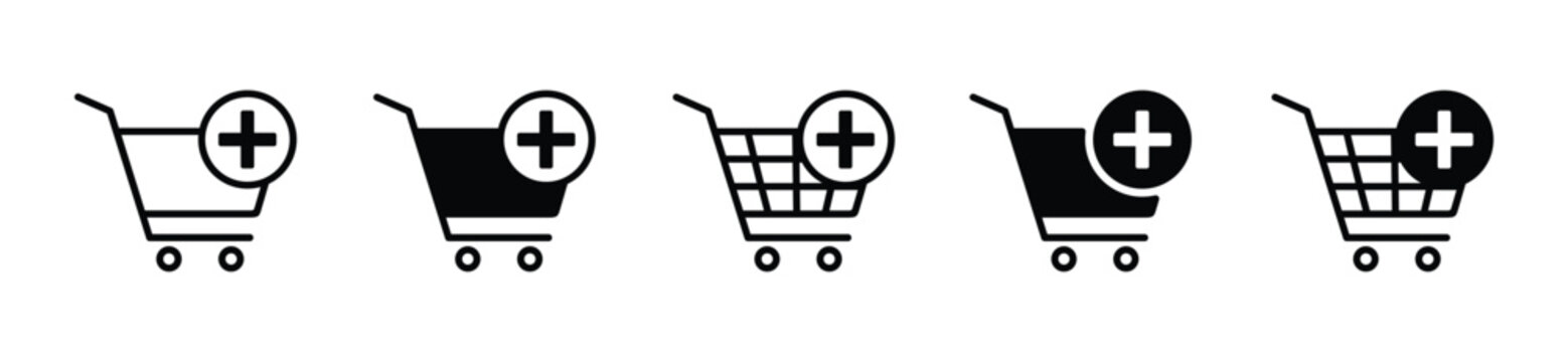 Add to cart icon. Online shop shopping cart icon with plus sign symbol on white background with editable stroke for apps and websites. Vector illustration EPS 10