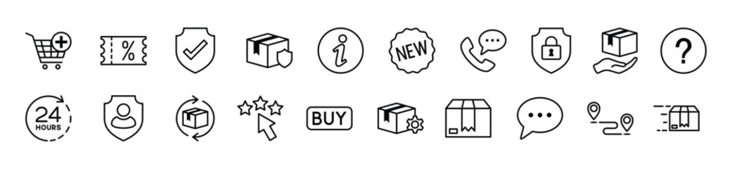 Shopping line icons set. Online shopping, e-commerce, cart, coupon, protection, new, info, question, call, 24 hrs, return, rating icon collection for apps and websites. Vector illustration