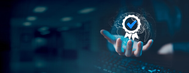 hand holding a globe assurance , assurance quality 5 star , service best quality	
