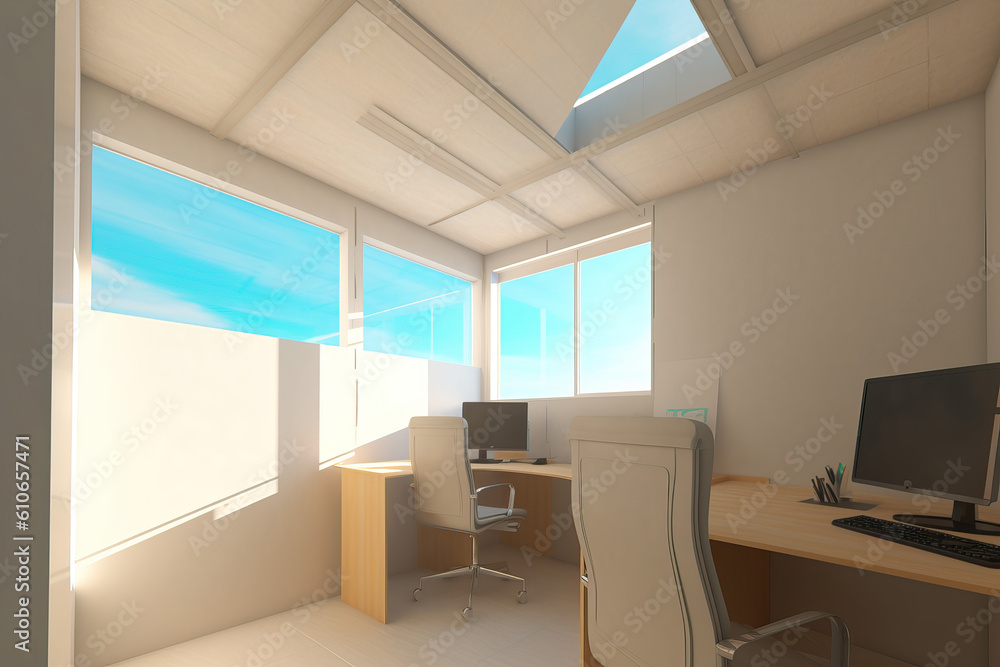 Poster small office with windows with sky - generative ai