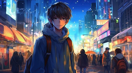 Obraz premium Anime character boy with cityscape background
