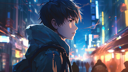 Obraz premium Anime character boy with cityscape background