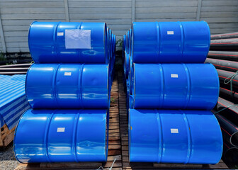 The electrical transformer oil drums for stock at the storage in the site area of the electrical substation construction