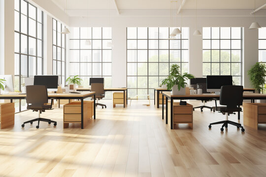 Moderm office interior with big windows and view - Generative AI