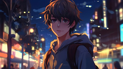 Obraz premium Anime character boy with cityscape background