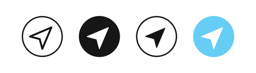 GPS arrow icon. Location on the map in the circle symbol. Navigation pointer position signs. Travel place symbols. Geo interface icons. Black, blue color. Vector sign.