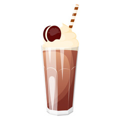 Chocolate milkshake in a glass cup with whipped cream decorated with chocolate cookie